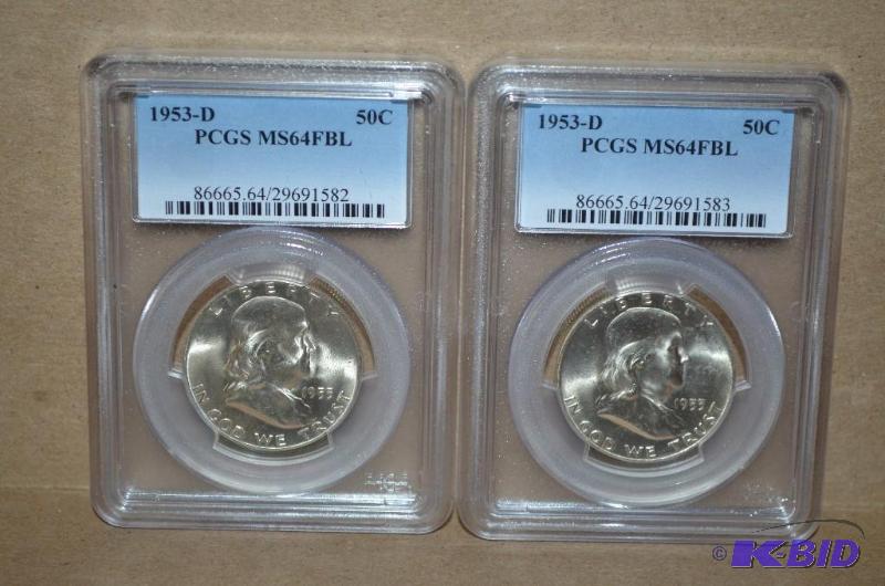 Two 1953-D Half Dollar Graded PCGS MS64 FBL- ...