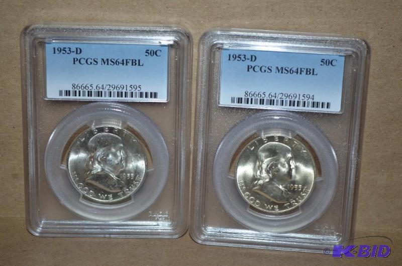 Two 1953-D Half Dollar Graded PCGS MS64 FBL- ...