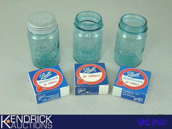 Lot of 3 Antique Blue Ball Perfect Mason Jars, and Jar Rubbers
