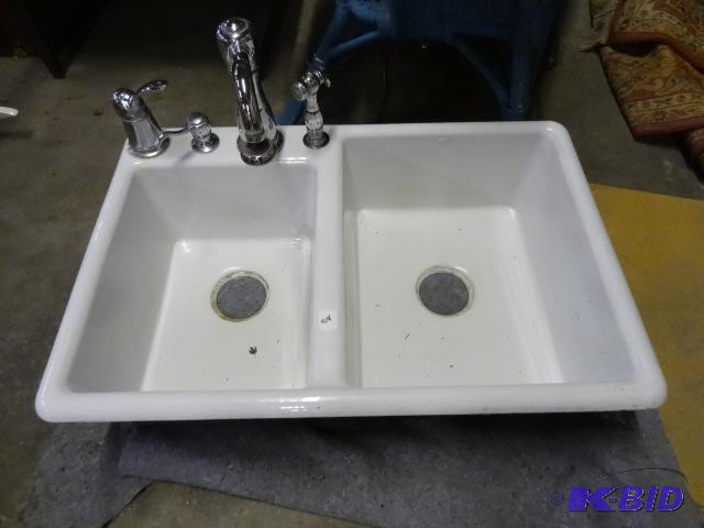 lot 418 image: Used to basin cast iron kitchen sink with chr...