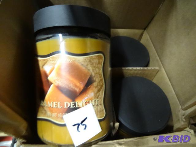 lot 75 image: Qty 4 NEW 16 oz Candles in Jar with Lid  Carm...