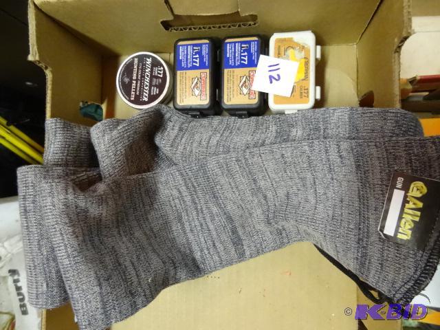 lot 112 image: 4 boxes of .177 caliber pellets. Gun sock...