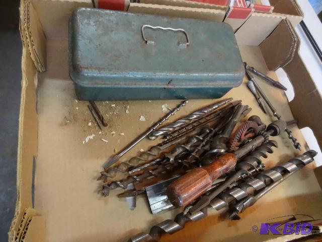 lot 157 image: Box of misc auger bits. Ssmall metal tool box...