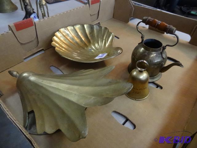 lot 202 image: Brass clam. Brass bell. Brass wall hanging...