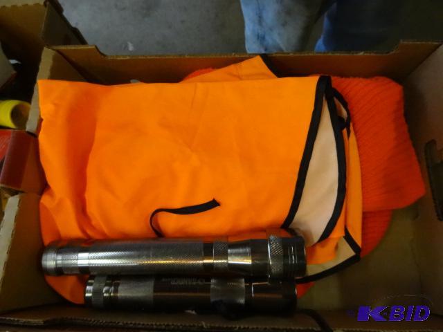 lot 233 image: Orange vest. 2 flashlights. 2 ski masks...