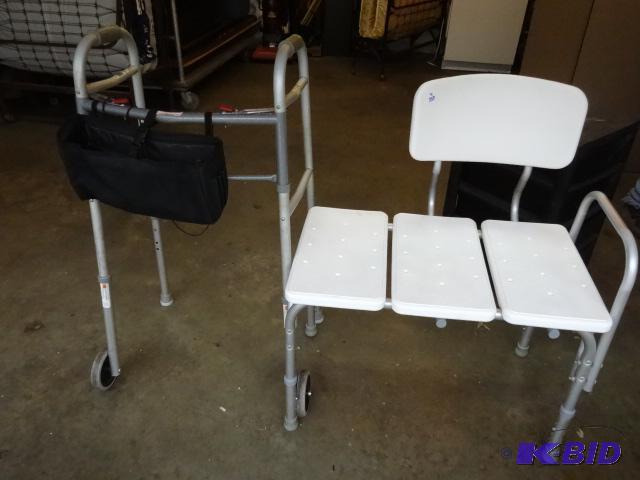 lot 359 image: Fold up walker and shower chair...