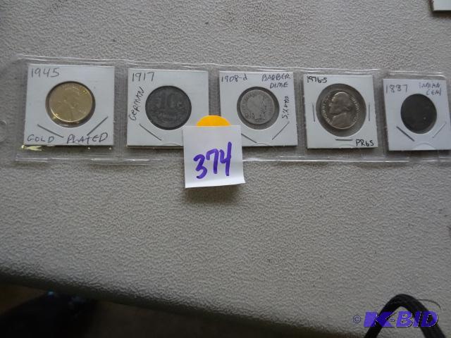 lot 374 image: Gold plated 1945 penny. 1917 German coin. 190...