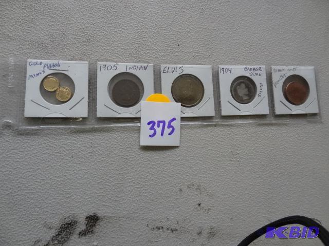 lot 375 image: Gold plated minis. 1905 indian penny. Elvis c...