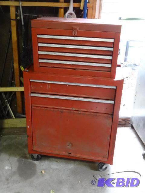 lot 75 image: tool chest and roller cabinet. 4 drawers on t...