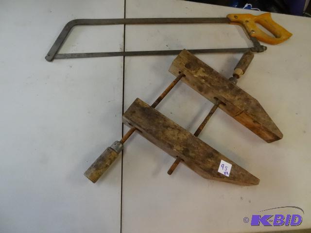 lot 95 image: Wood clamp. Meat saw...