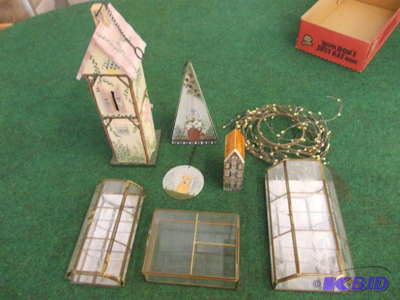 lot 24 image: Box Lot Glass Miniature Displays, Birdhouse, ...