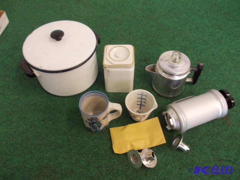 lot 26 image: Box Lot Enamel Pan, Cookie Press, Tea Pots, M...
