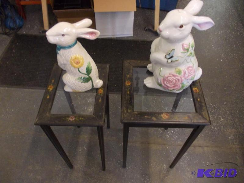 lot 40 image: 2 Small Glass-Top Tables, 2 Ceramic Rabbits...