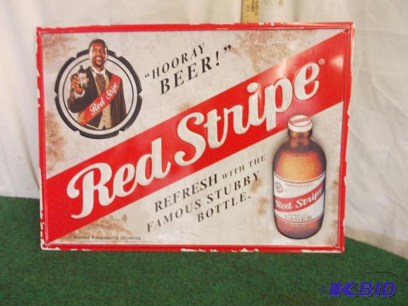 lot 45 image: Red Strip Tin Beer Sign 22" x 16"...