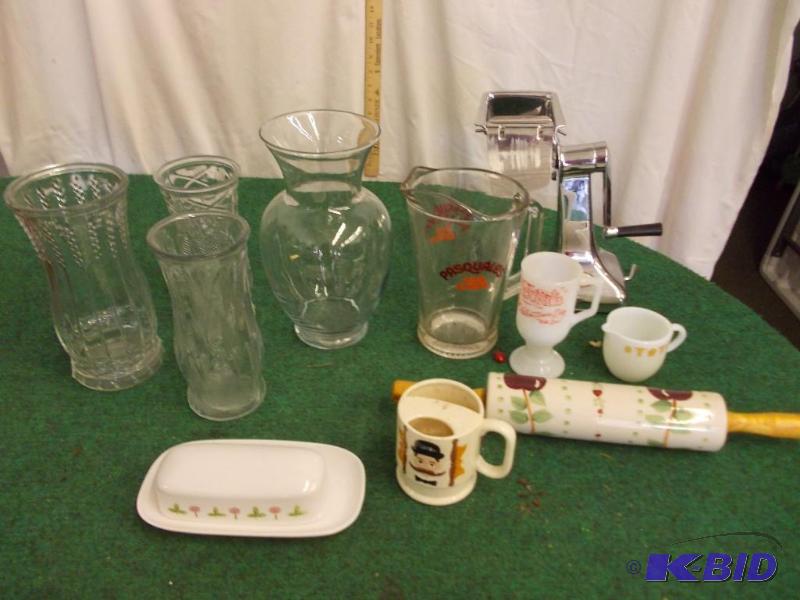 lot 79 image: Box Lot Pitcher, Vases, Rolling Pin, More...