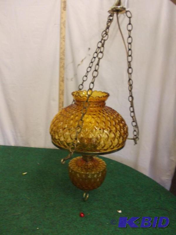 lot 80 image: Amber Glass Hurricane Hanging Light Fixture...