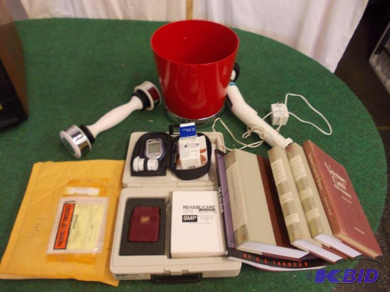 lot 82 image: Box Lot Shake Weight, Massager, Trash Can, M...