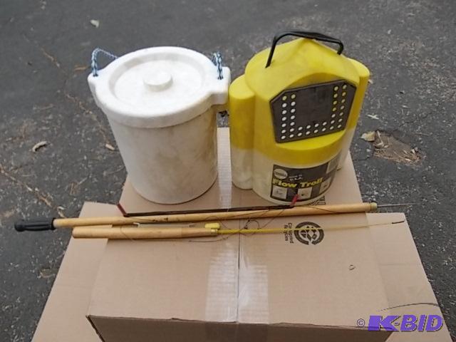 lot 23 image: 2-Ice Fishing Jig Poles, 2-Minnow Pails...