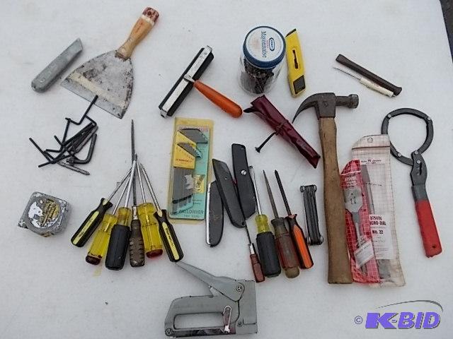 lot 47 image: Box Lot Of Assorted Tools, Drill Bits, Hardwa...