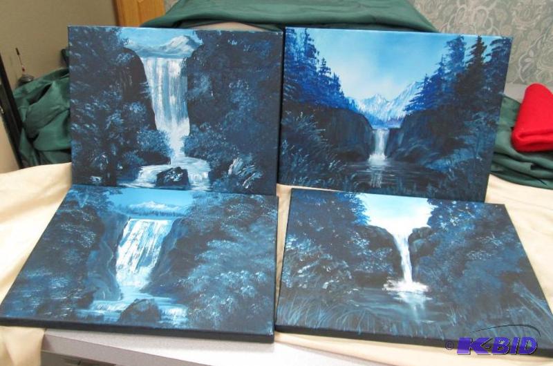 lot 130 image: 4 hand painted canvas with mountains and wate...