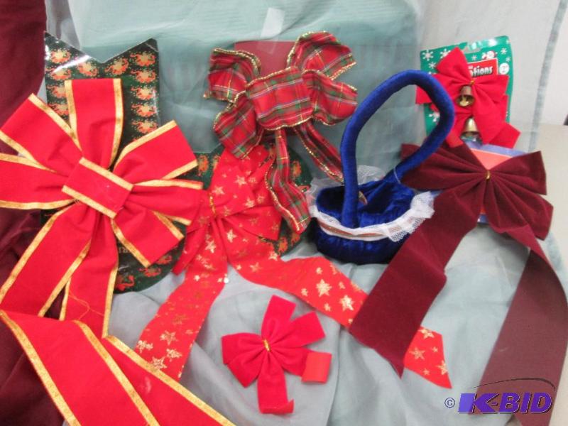 blue basket and misc. decorative bows...