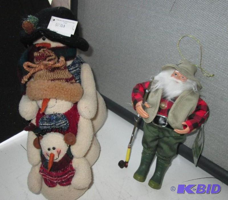 Fishing Santa and plush snowmen...