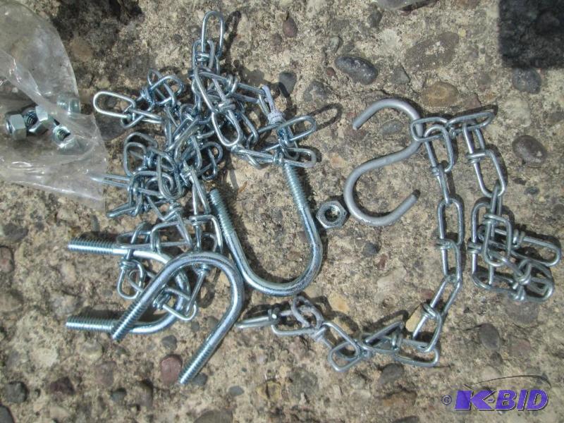 Lot of 7 chains, U clamps and bolts to hang b...