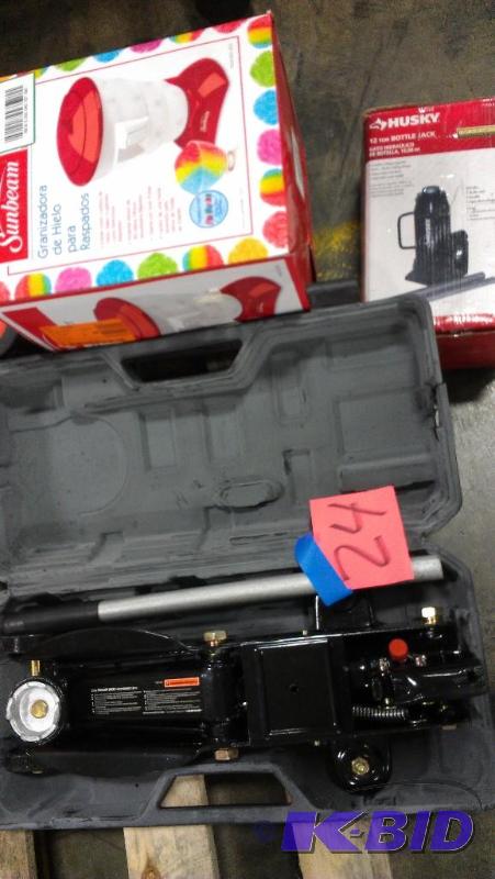 lot 24 image: Floor Jack, Bottle Jack AND a snow cone maker...
