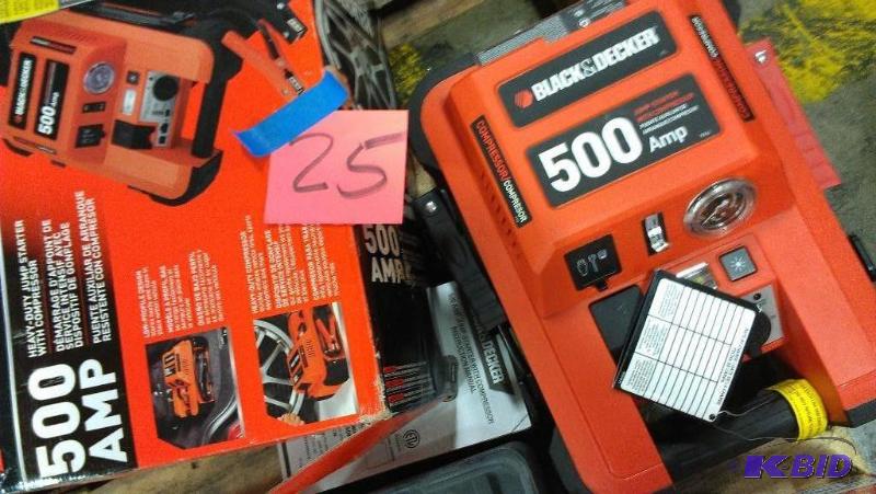 lot 25 image: 500 Amp Jump Starter with Compressor. Black a...