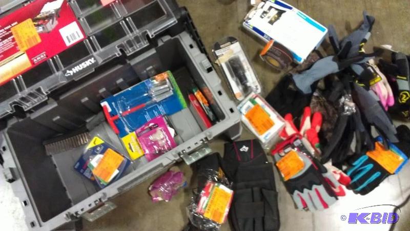 lot 34 image: Tool box, gloves, tools and repair items. Vie...