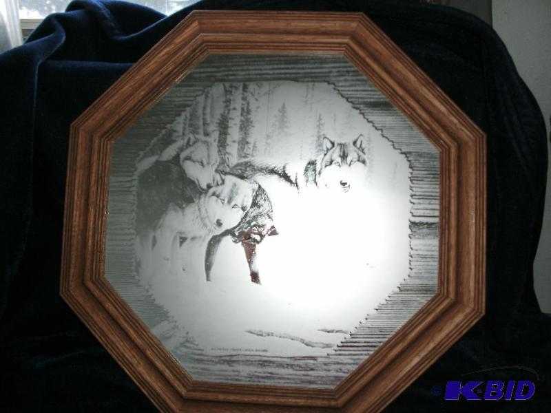 Wood framed mirror with awesome wolves etchin...