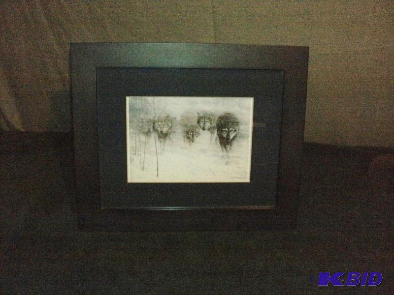 Cool framed drawing of wolf pack in winter st...