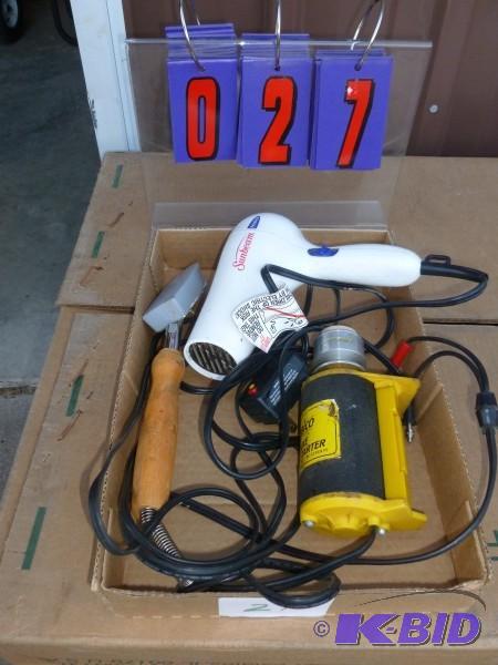Flat of 12 volt starter, 110 volt heat gun an...