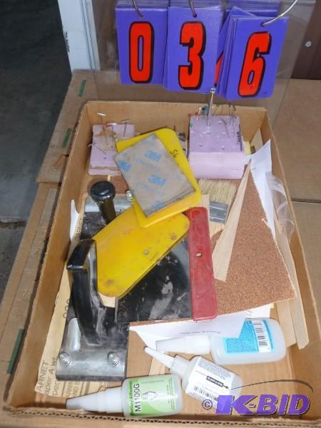 Flat of misc. tools, paint brushes, glue and ...