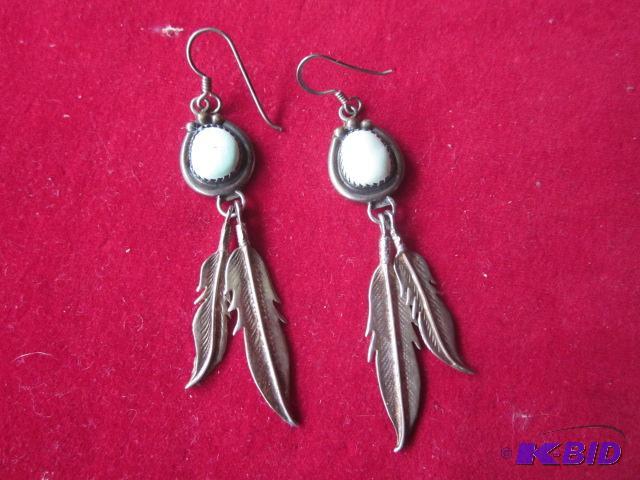 lot 4 image: Pair of Sterling Silver and white turquoise, ...