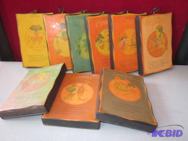 lot 62 image: Set of (9) vintage horoscope wooden plaques.&...