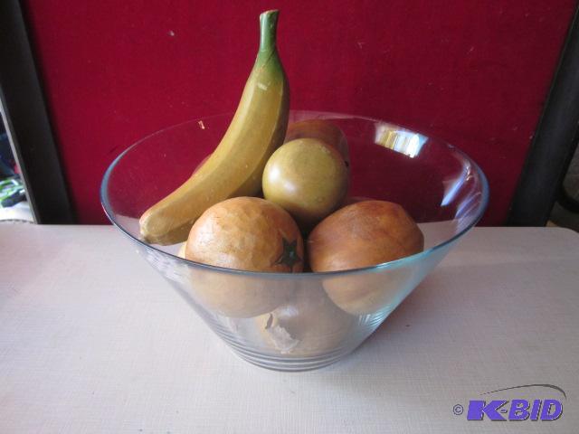 lot 75 image: Large glass bowl full of wooden fruit. ...