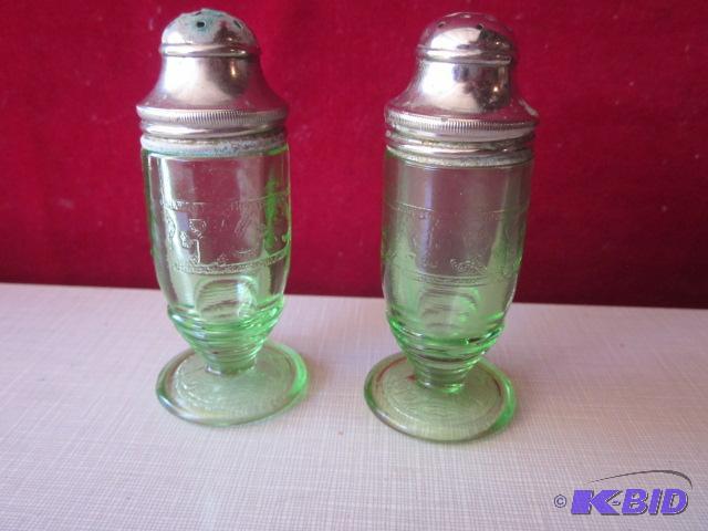 lot 78 image: Pair of green uranium Depression glass salt a...