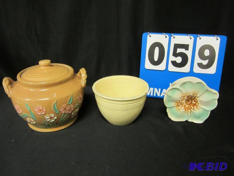 lot 00059 image: 3 Pieces Fiesta, Cookie Jar & Wall Pocket Pottery