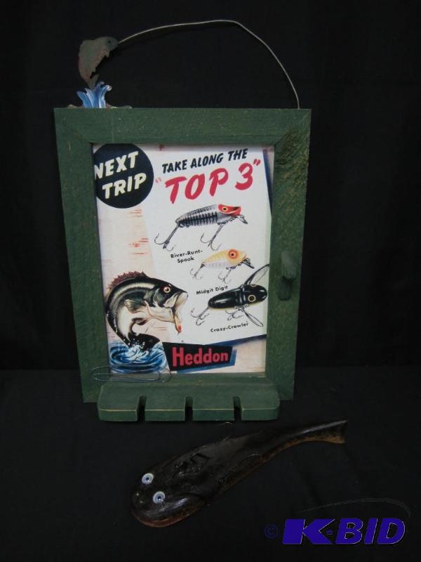 lot 00068 image: Heddon Framed Sign & Perkins Decorative Fishing Lure
