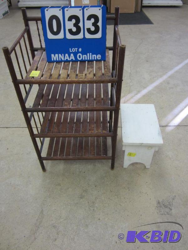 lot 33 image: Vintage Wood Slat Shelf & Small Stool