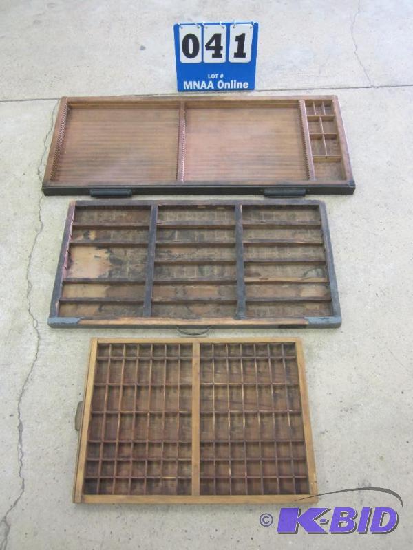 lot 41 image: 3 Antique Printer Block Type Wooden Drawer Trays