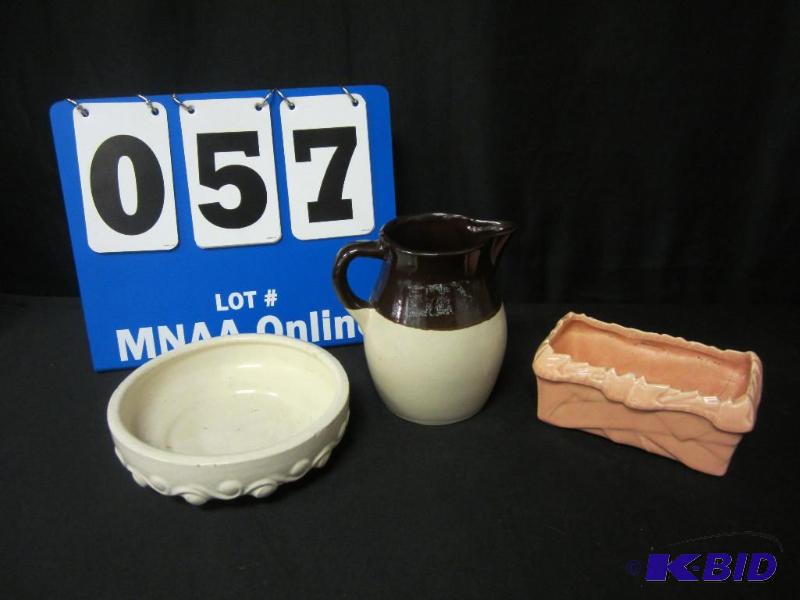 lot 57 image: 3 Mccoy and Roseville Pottery Pieces