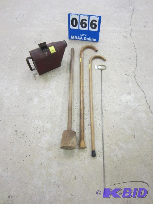 lot 66 image: Vintage lot of Wood Canes, Butter Churn Dasher & Container