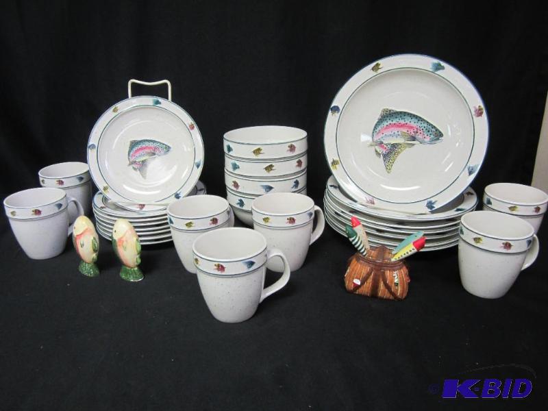lot 72 image: 26 Piece Scotty Z Rainbow Trout Stoneware Dinnerware