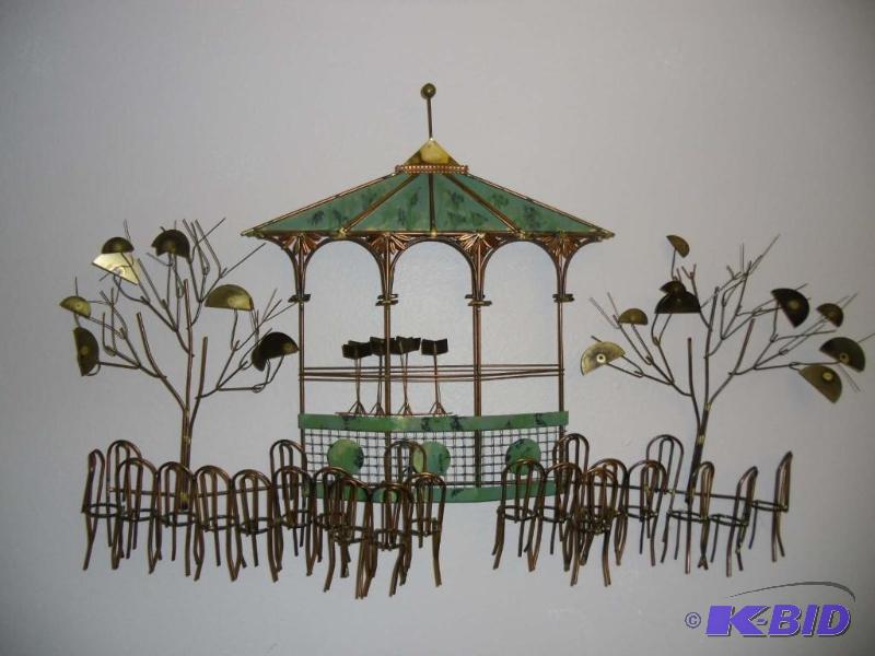 lot 20009 image: Large 42 long Metal Wall Sculpture GAZEBO BANDSTAND Brass with Copper MId-Century Modern