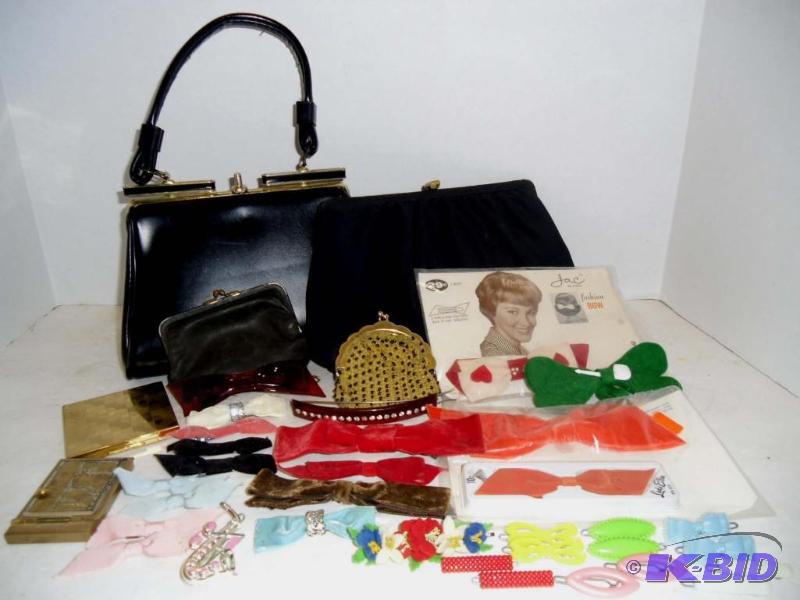 lot 20020 image: Vintage Purses, Elgin American Powder Compact, Hair Bows, & Barrettes