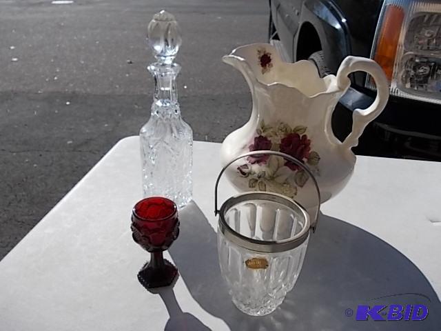 lot 18 image: Large Ceramic Pitcher, Crystal Decanter, Bask...