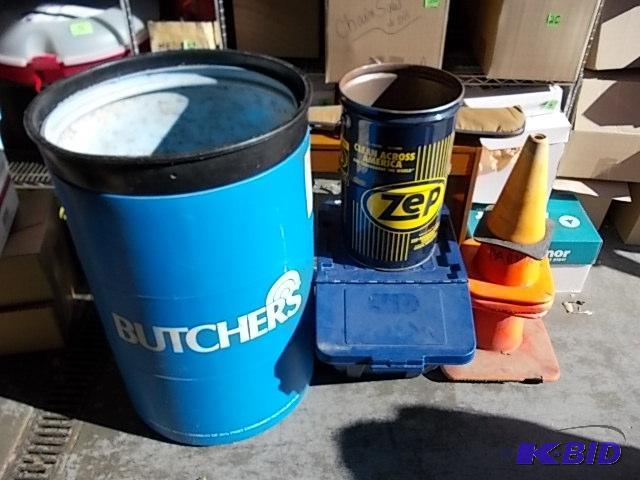 lot 55 image: 55 Gallon Drum, Small Drum 5 Safety Cones, Re...