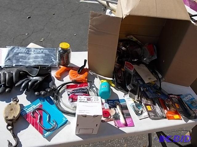 lot 60 image: Siphon Pump, Tire Repair Kits, Hardware, Clam...